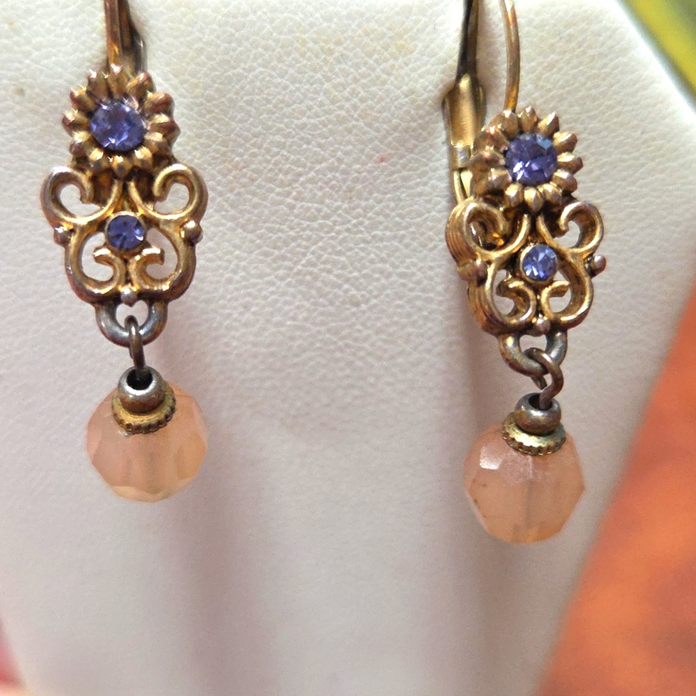 Goldtone, Blue & Peach Flower Earrings